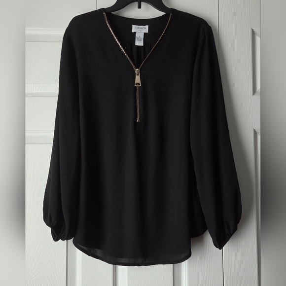 Carmen Marc Valvo Black V-Neck Zip-Front Long Sleeve Blouse Size 1X - Picture 2 of 10